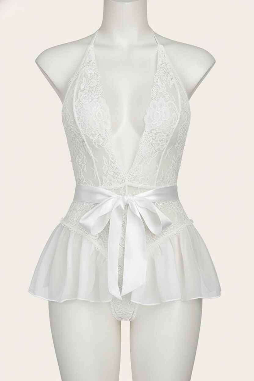 Arias Closet Beyaz Dantel İşlemeli Özel Bölgesi Açık Fantezi Kurdelalı Body
