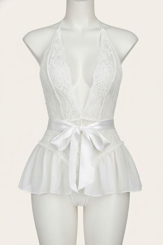 Arias Closet Beyaz Dantel İşlemeli Özel Bölgesi Açık Fantezi Kurdelalı Body