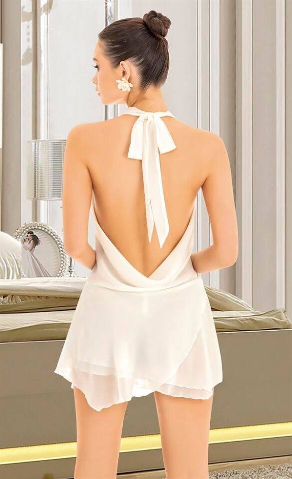 Arias Closet Beyaz Sırt ve Göğüs Dekolteli Fantezi Mini Elbise