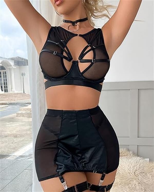 Arias Closet Özel Tasarım Seksi Etekli Siyah Fantezi Jartiyer Takımı