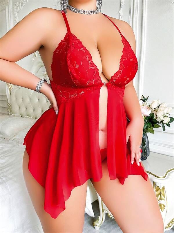 Arias Closet Büyük Beden Dantel İşlemeli Fırfırlı Dekolteli Fantezi Tül Kırmızı Gecelik