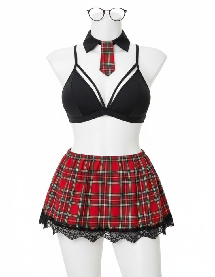 Arias Closet Büyük Beden Ekose Desen Mini Etekli Fantezi Kostümü