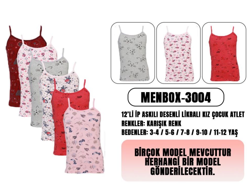 Menbox 3004 Desenli Kız Çocuk İp Askılı Atlet 12'li