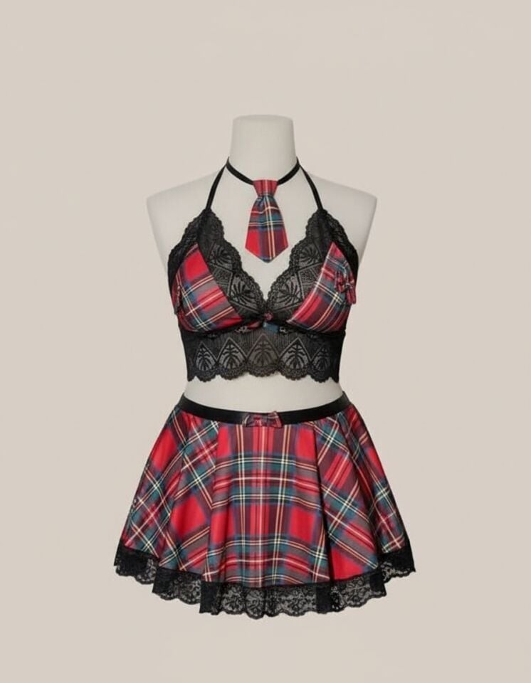 Arias Closet Büyük Beden Ekose Mini Etekli Dantel İşlemeli Fantezi Liseli Kostümü