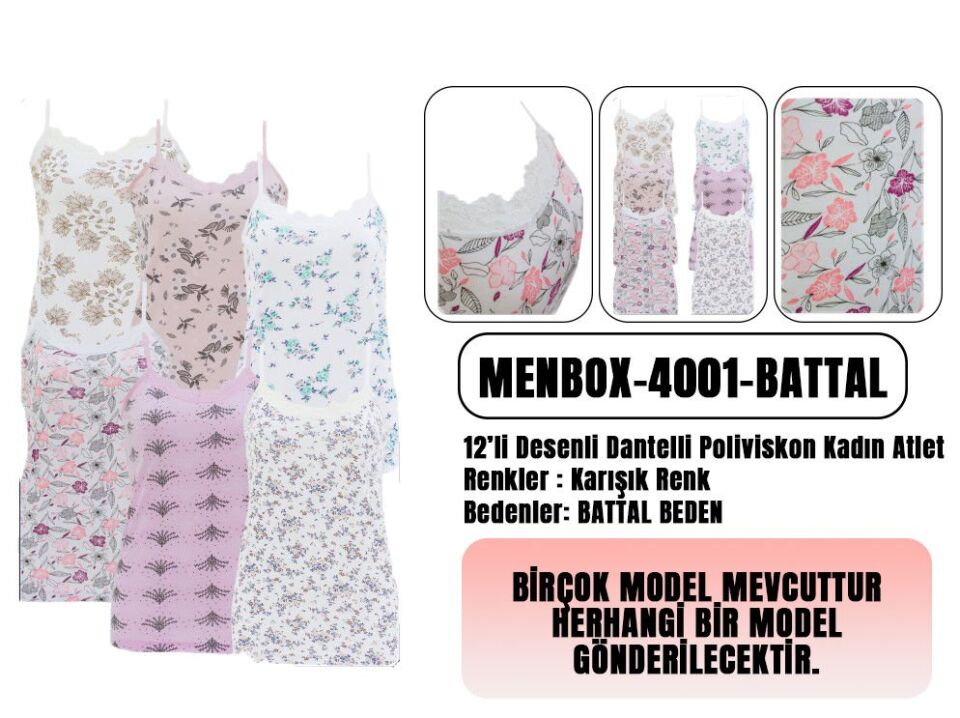 Menbox 4001 Battal Beden Desenli Bayan İp Askılı Atlet 12'li