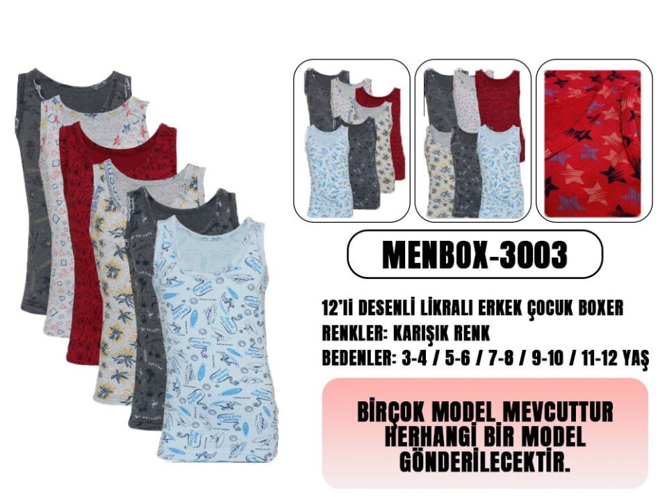 Menbox 3003 Desenli Erkek Çocuk Atlet 12'li