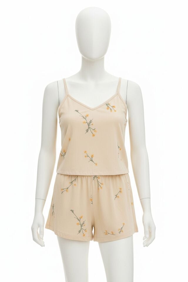 Arias Closet Gri Çiçek Desenli Askılı Şortlu Pijama Takımı