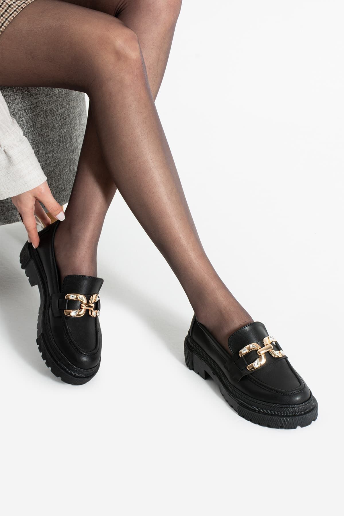 Loafer Günlük Kadın Siyah Taş Detaylı Rahat Ayakkabı