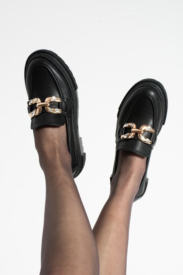 Loafer Günlük Kadın Siyah Taş Detaylı Rahat Ayakkabı