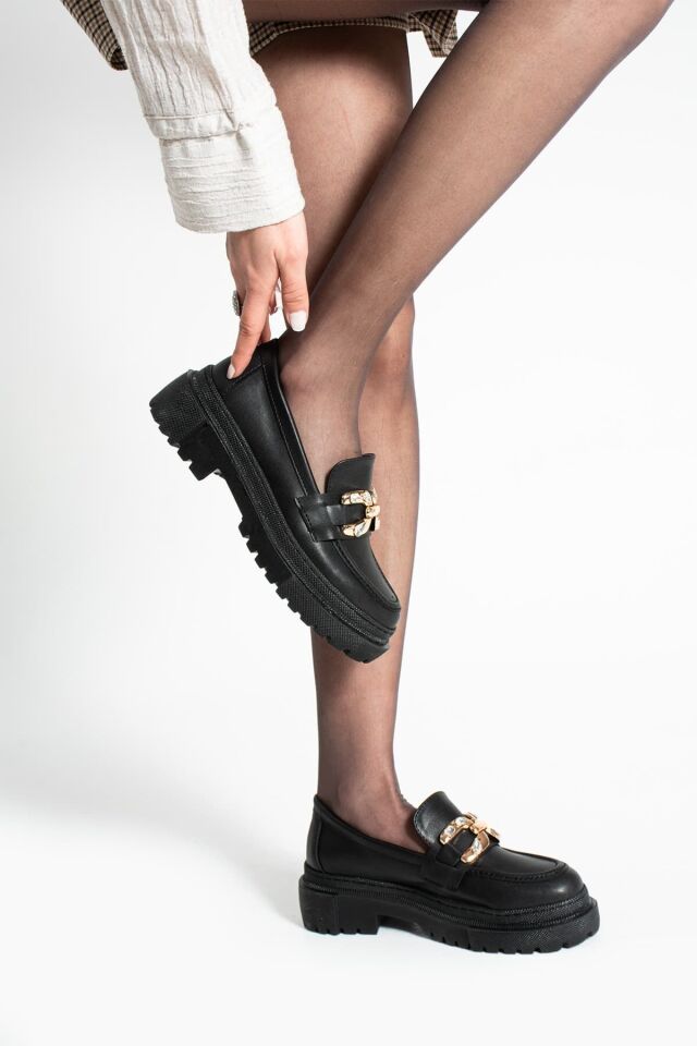 Loafer Günlük Kadın Siyah Taş Detaylı Rahat Ayakkabı