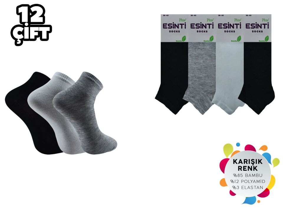 Esinti 21-Karısık Dikişsiz Bayan Bambu Patik 12'li