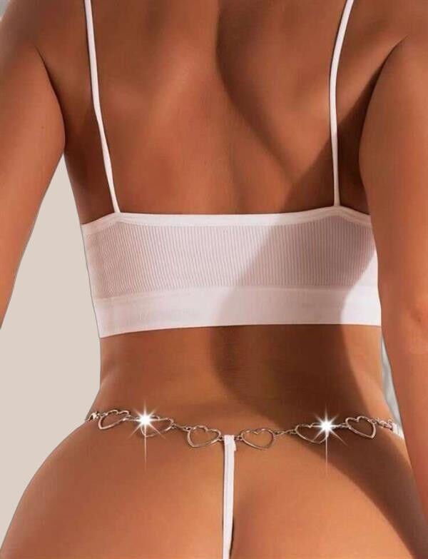 Zincir Kalp Detaylı Fantezi Beyaz String Tanga