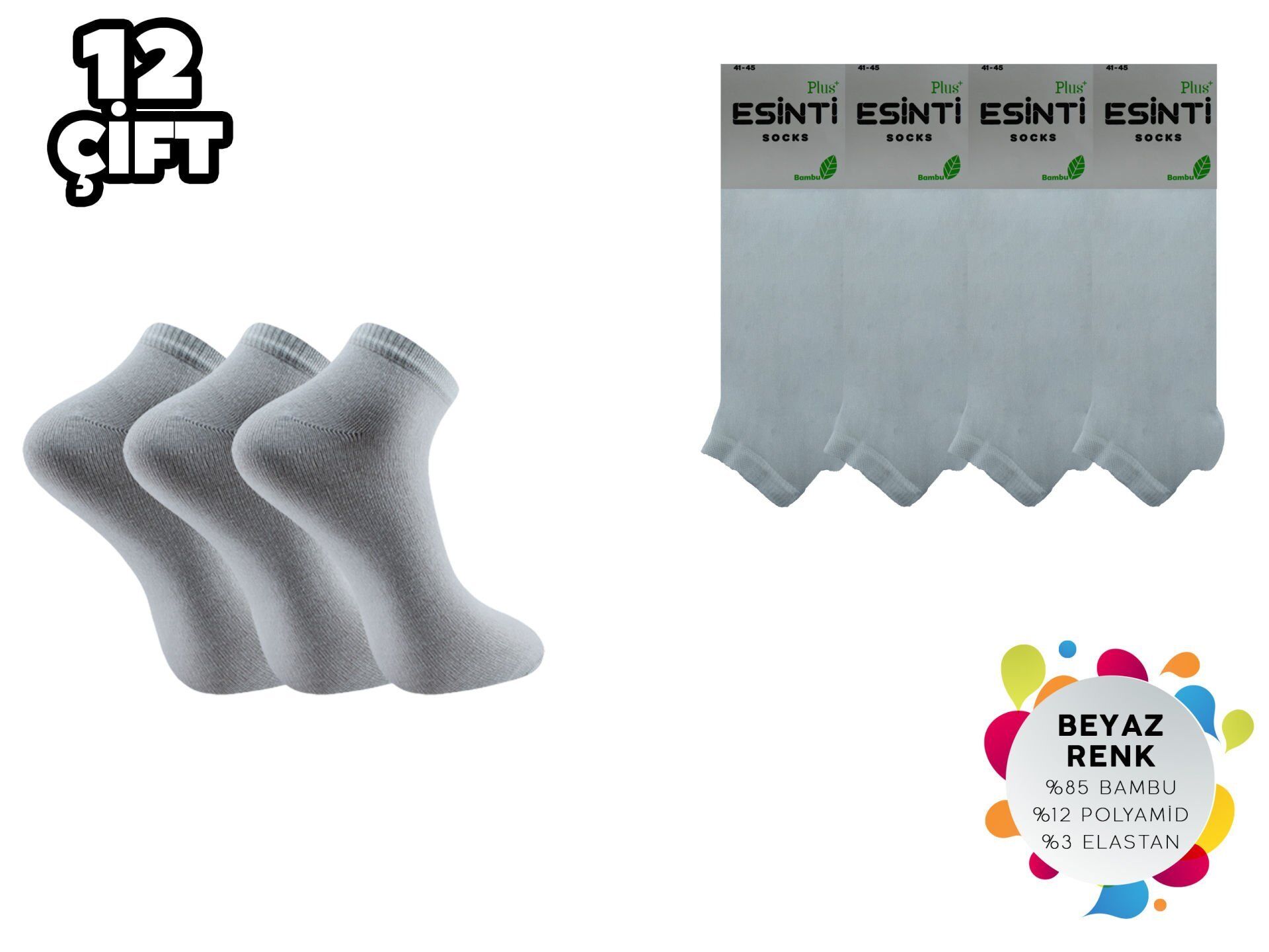 Esinti 22-Beyaz Dikişsiz Erkek Bambu Patik 12'li