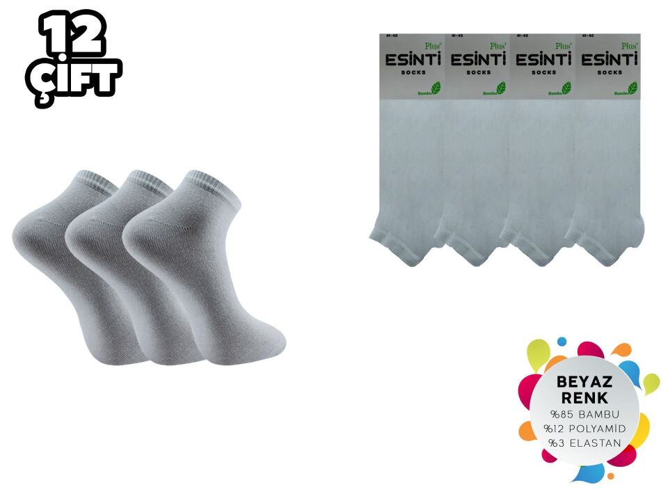 Esinti 22-Beyaz Dikişsiz Erkek Bambu Patik 12'li