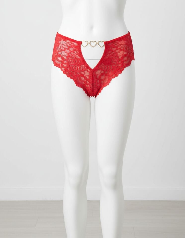 Arias Closet Kırmızı Dantel İşlemeli Arkası Kalp Detaylı Fantezi String Tanga