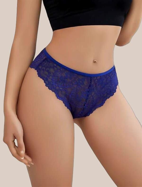 Mavi Dantel İşlemeli Arkası Kalp Detaylı Fantezi String Tanga