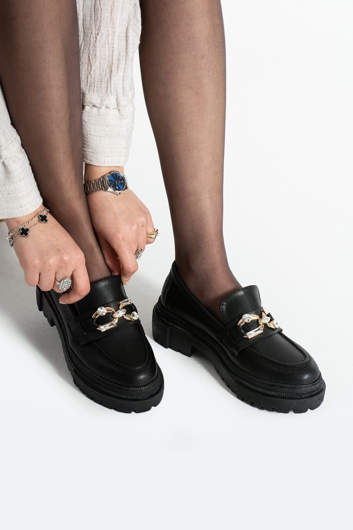 Loafer Günlük Kadın Siyah Taş Detaylı Rahat Ayakkabı