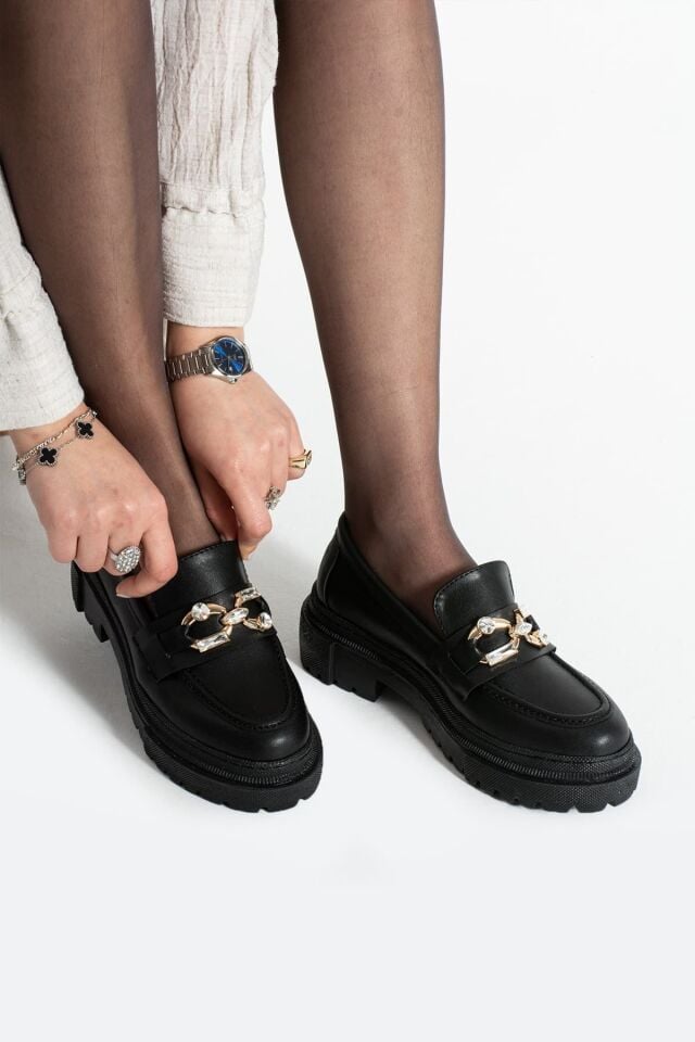 Loafer Günlük Kadın Siyah Taş Detaylı Rahat Ayakkabı