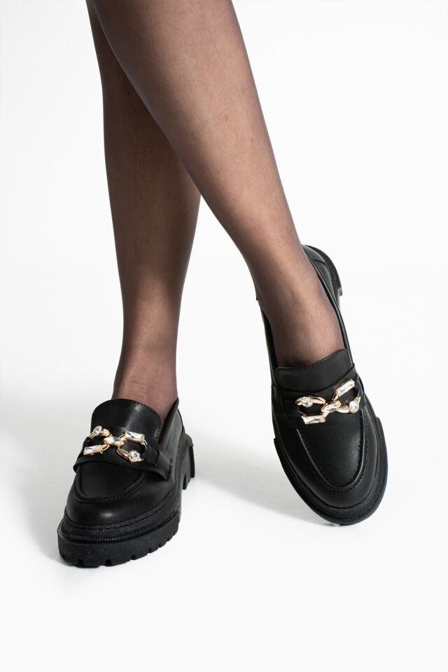 Loafer Günlük Kadın Siyah Taş Detaylı Rahat Ayakkabı