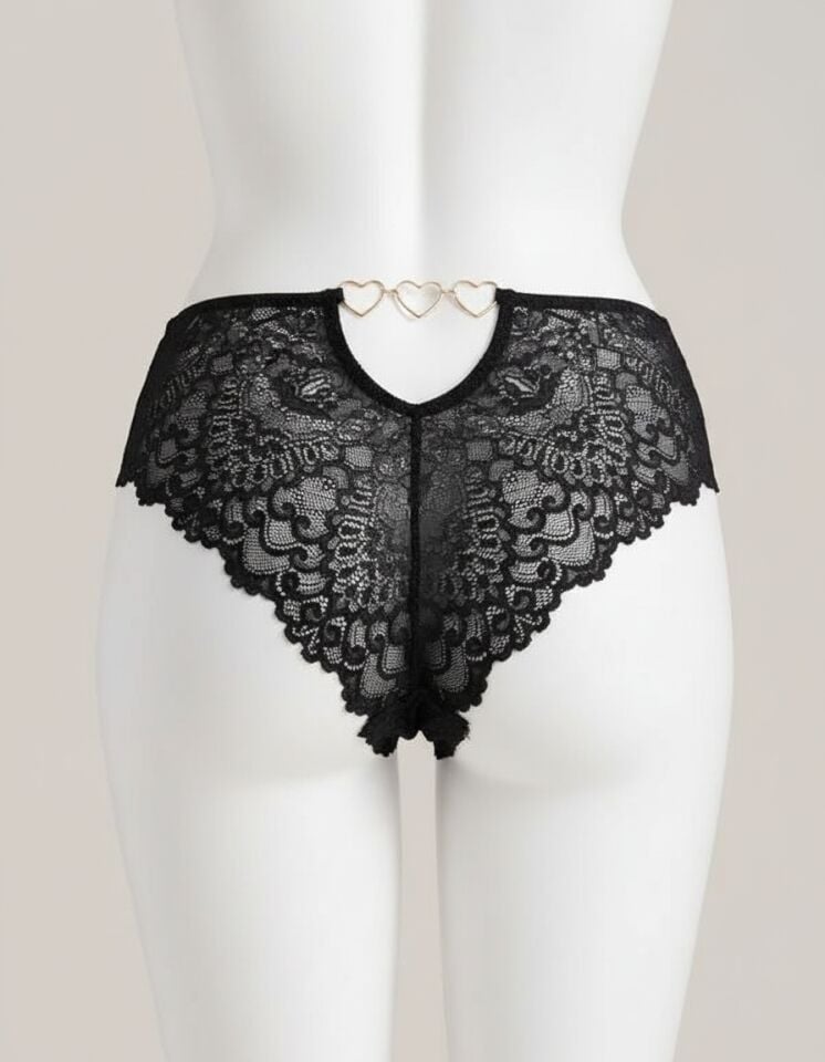 Arias Closet Siyah Dantel İşlemeli Arkası Kalp Detaylı Fantezi String Tanga