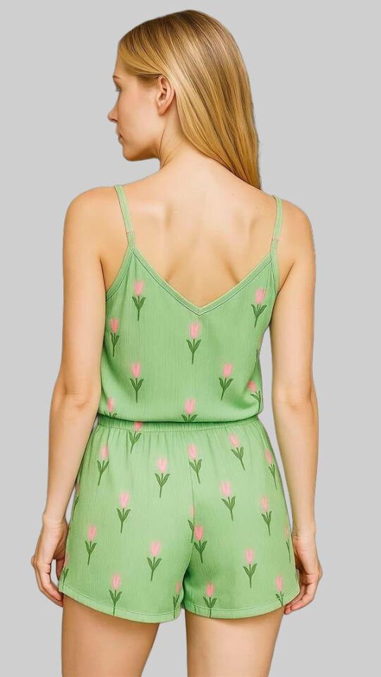 Yeşil Çiçek Desenli Askılı Şortlu Pijama Takımı