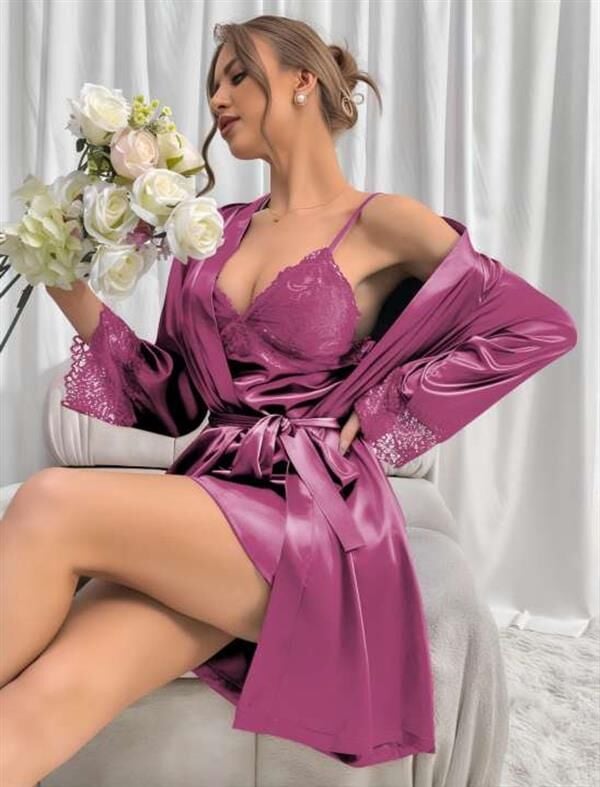 Arias Closet Dantel İşlemeli İnce Askılı Lila 2'li Saten Gecelik Sabahlık Takımı