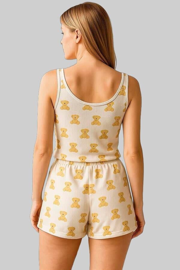 Arias Closet Beyaz Üstüne Ayıcık Desenli Askılı Şortlu Pijama Takımı