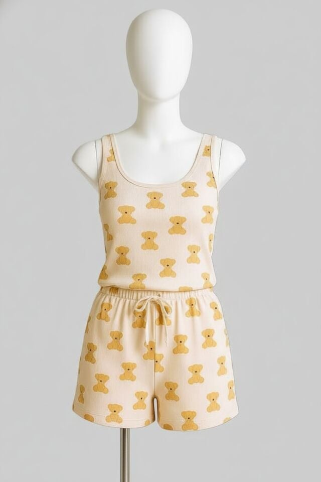 Arias Closet Beyaz Üstüne Ayıcık Desenli Askılı Şortlu Pijama Takımı