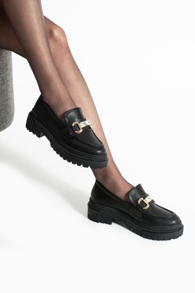 Loafers Günlük Kadın Siyah Taş Detaylı Rahat Ayakkabı