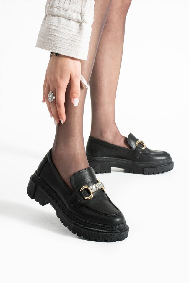 Loafers Günlük Kadın Siyah Taş Detaylı Rahat Ayakkabı