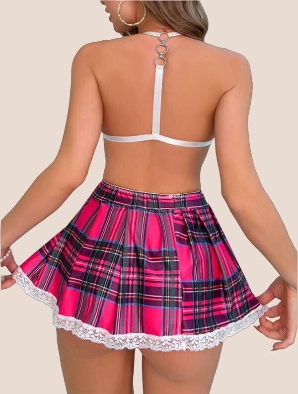 Arias Closet Beyaz Kalp Detaylı Sütyen Ekose Etekli Fantezi Kostüm