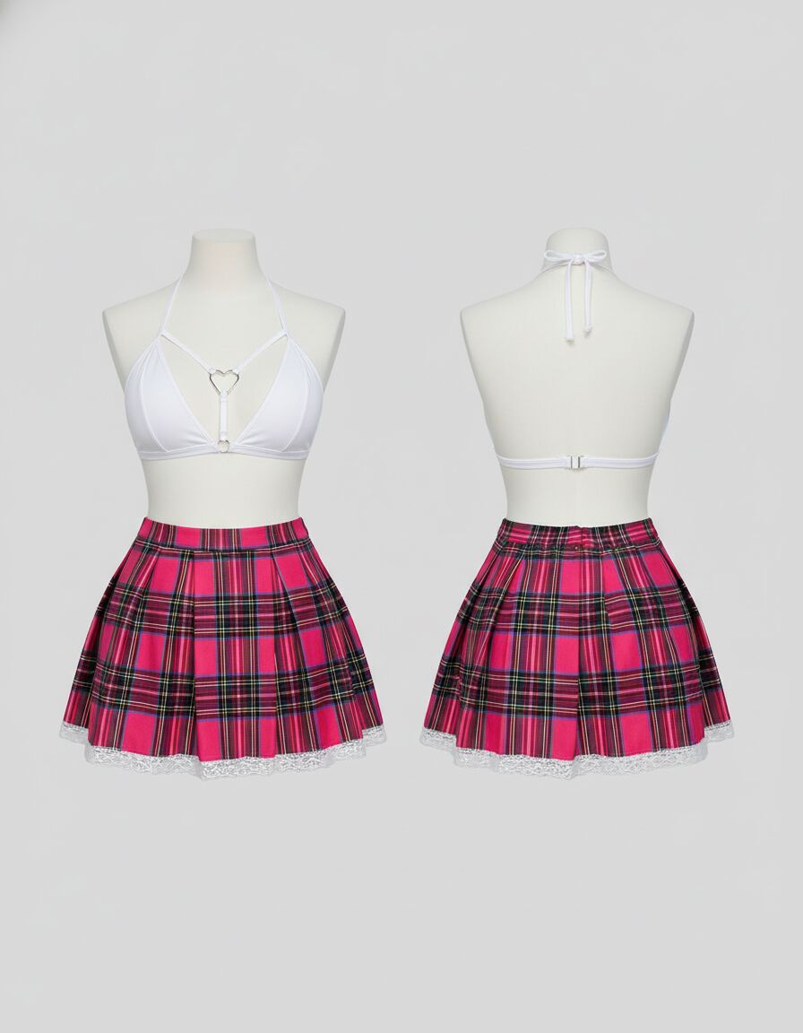 Arias Closet Beyaz Kalp Detaylı Sütyen Ekose Etekli Fantezi Kostüm