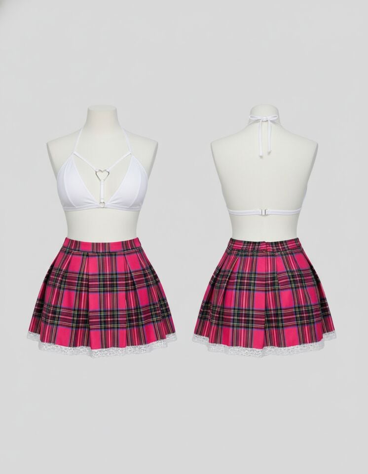 Arias Closet Beyaz Kalp Detaylı Sütyen Ekose Etekli Fantezi Kostüm