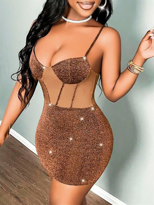 Arias Closet Özel Tasarım Kahverengi Parlak Işıltılı Göğüs Dekolteli Fantezi Mini Club Elbisesi