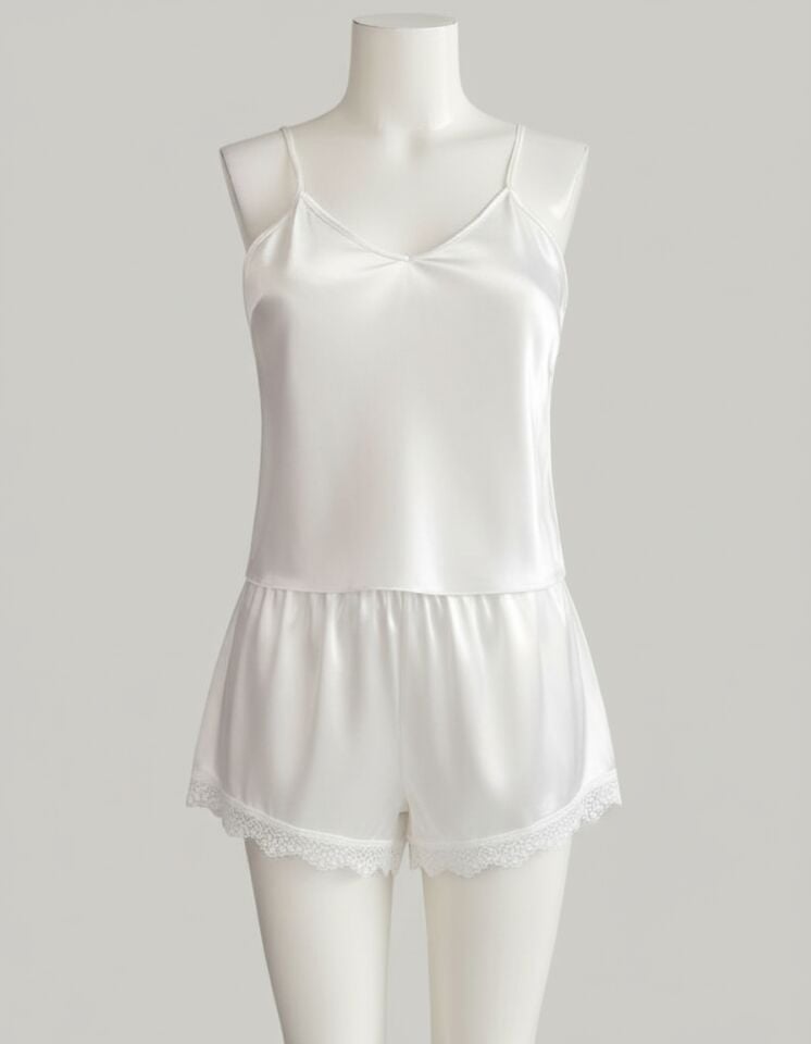 Arias Closet Beyaz Dantel İşlemeli İnce Askılı Saten Şortlu Takım