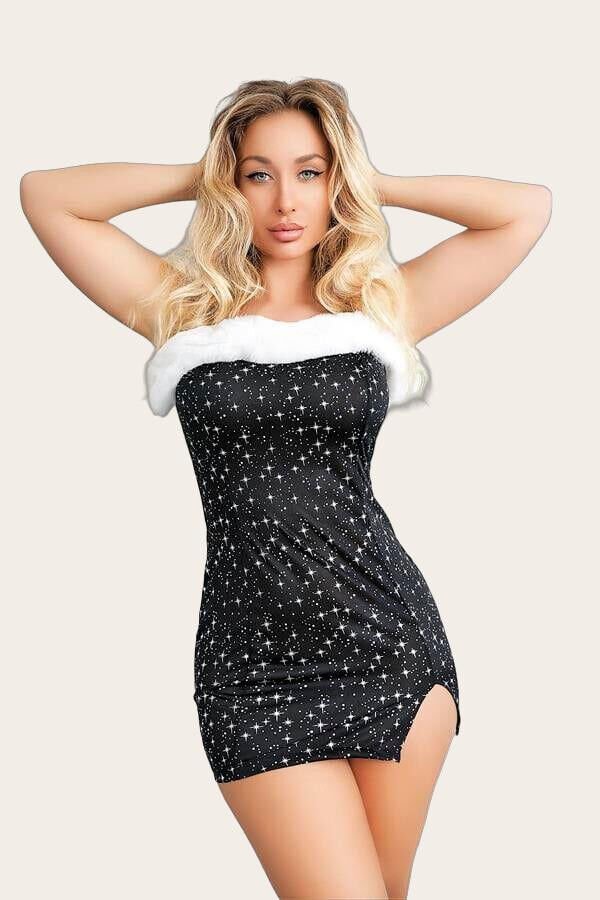 Arias Closet Göğüs Kısmı Peluş Detaylı Yıldız Desenli Mini Seksi Gecelik