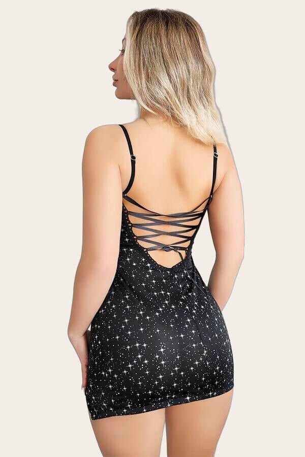 Arias Closet Göğüs Kısmı Peluş Detaylı Yıldız Desenli Mini Seksi Gecelik