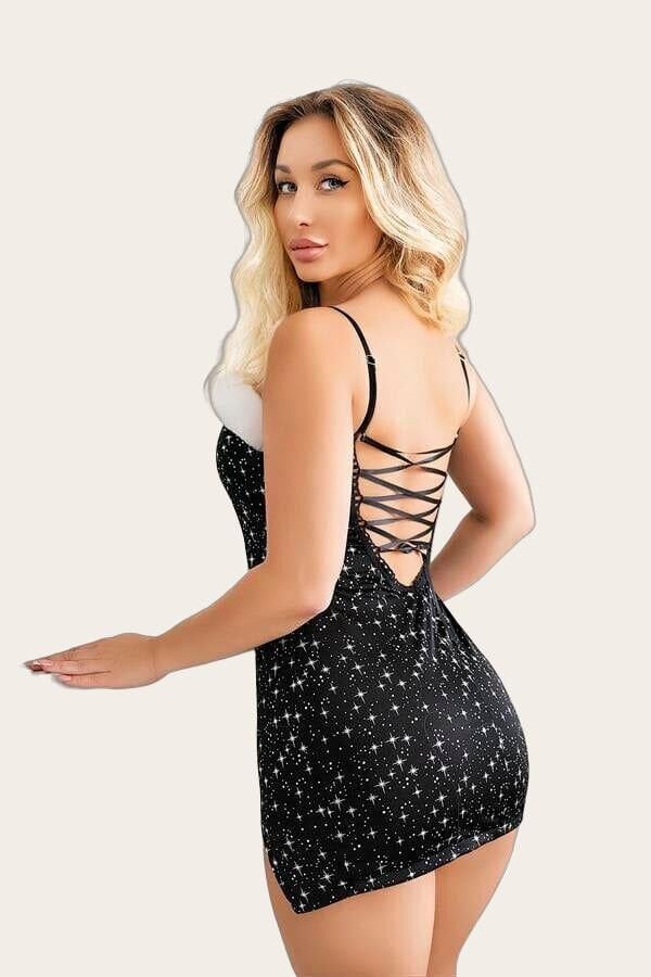 Arias Closet Göğüs Kısmı Peluş Detaylı Yıldız Desenli Mini Seksi Gecelik