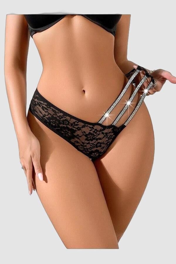 Arias Closet Siyah Dantelli Simli Yandan Şeritli Şık Fantezi Külot