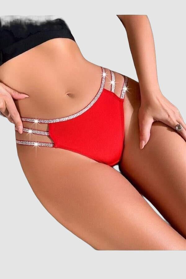 Kırmızı Simli Yanları Şeritli Şık Fantezi Külot