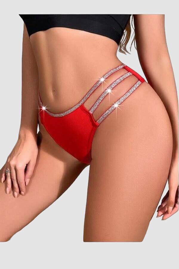 Kırmızı Simli Yanları Şeritli Şık Fantezi Külot