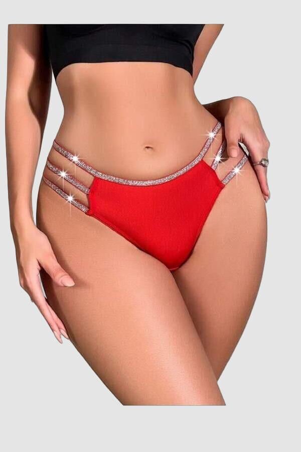 Kırmızı Simli Yanları Şeritli Şık Fantezi Külot