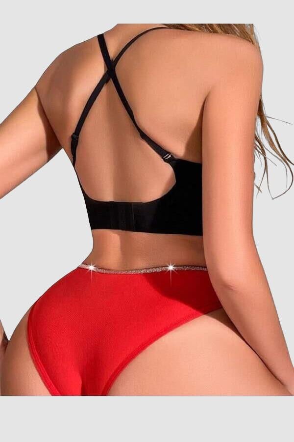 Kırmızı Simli Yanları Şeritli Şık Fantezi Külot