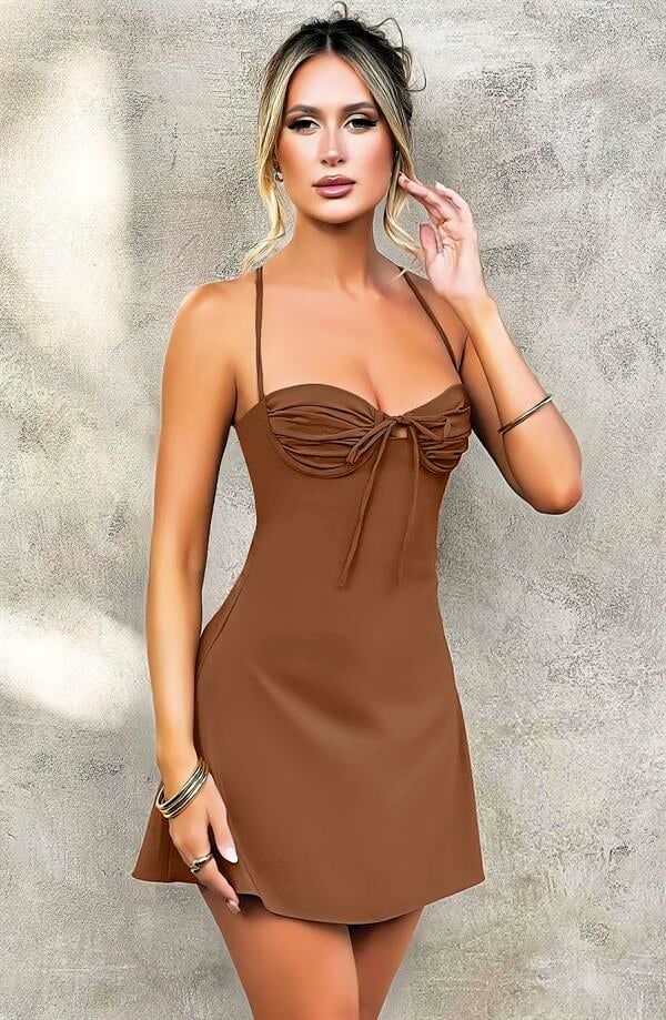 Arias Closet Özel Tasarım İnce Askılı Sırt Dekolteli Kahverengi Mini Saten Gecelik