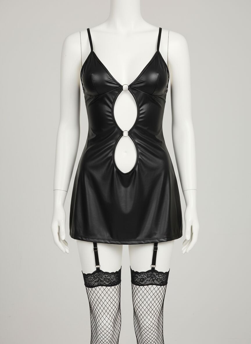 Siyah Ön ve Arka Dekolteli Fantezi Parlak Deri Elbise