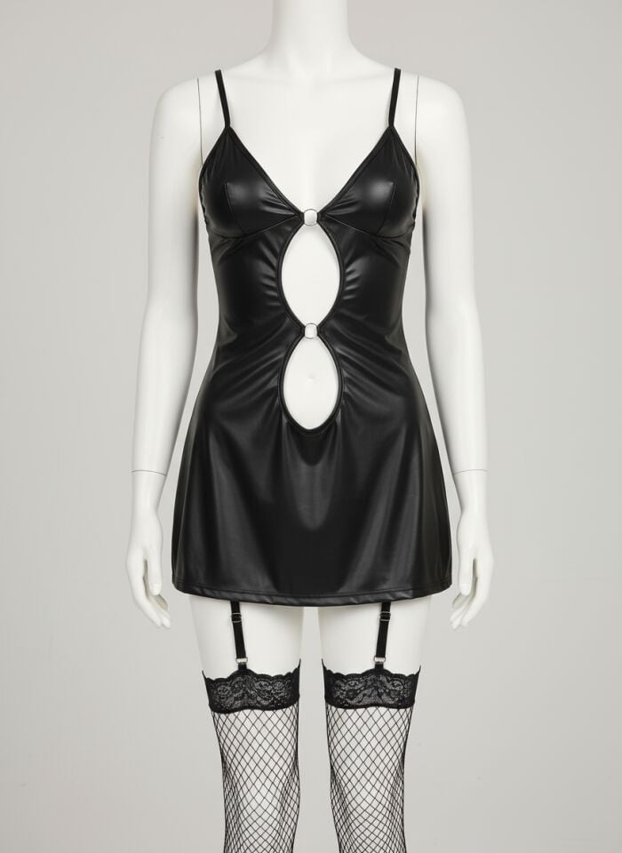 Siyah Ön ve Arka Dekolteli Fantezi Parlak Deri Elbise