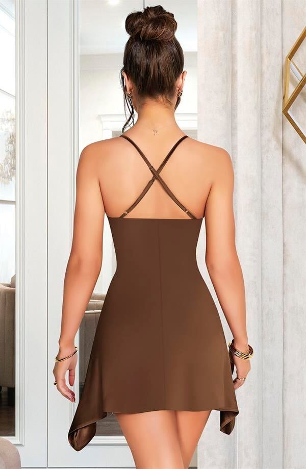 Arias Closet Özel Tasarım İnce Askılı Göğüs Dekolteli Kahverengi Mini Saten Gecelik