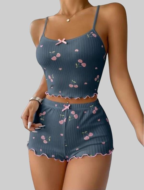 Arias Closet Mavi Kiraz Desenli Askılı Şortlu Pijama Takımı