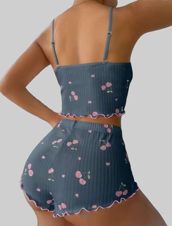 Arias Closet Mavi Kiraz Desenli Askılı Şortlu Pijama Takımı