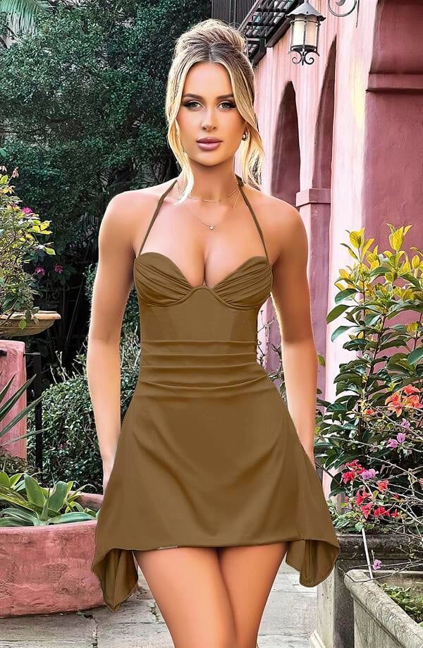 Arias Closet Özel Tasarım İnce Askılı Boyundan Bağlamalı Koyu Yeşil Mini Saten Gecelik